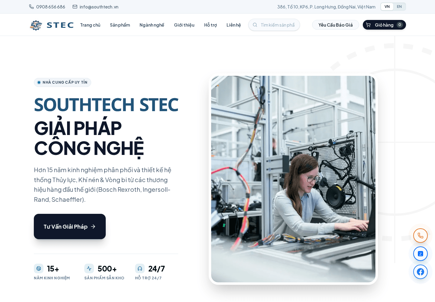 Trang chủ southtech.vn với điều hướng, tìm kiếm sản phẩm, nội dung giải pháp và lời kêu gọi tư vấn
